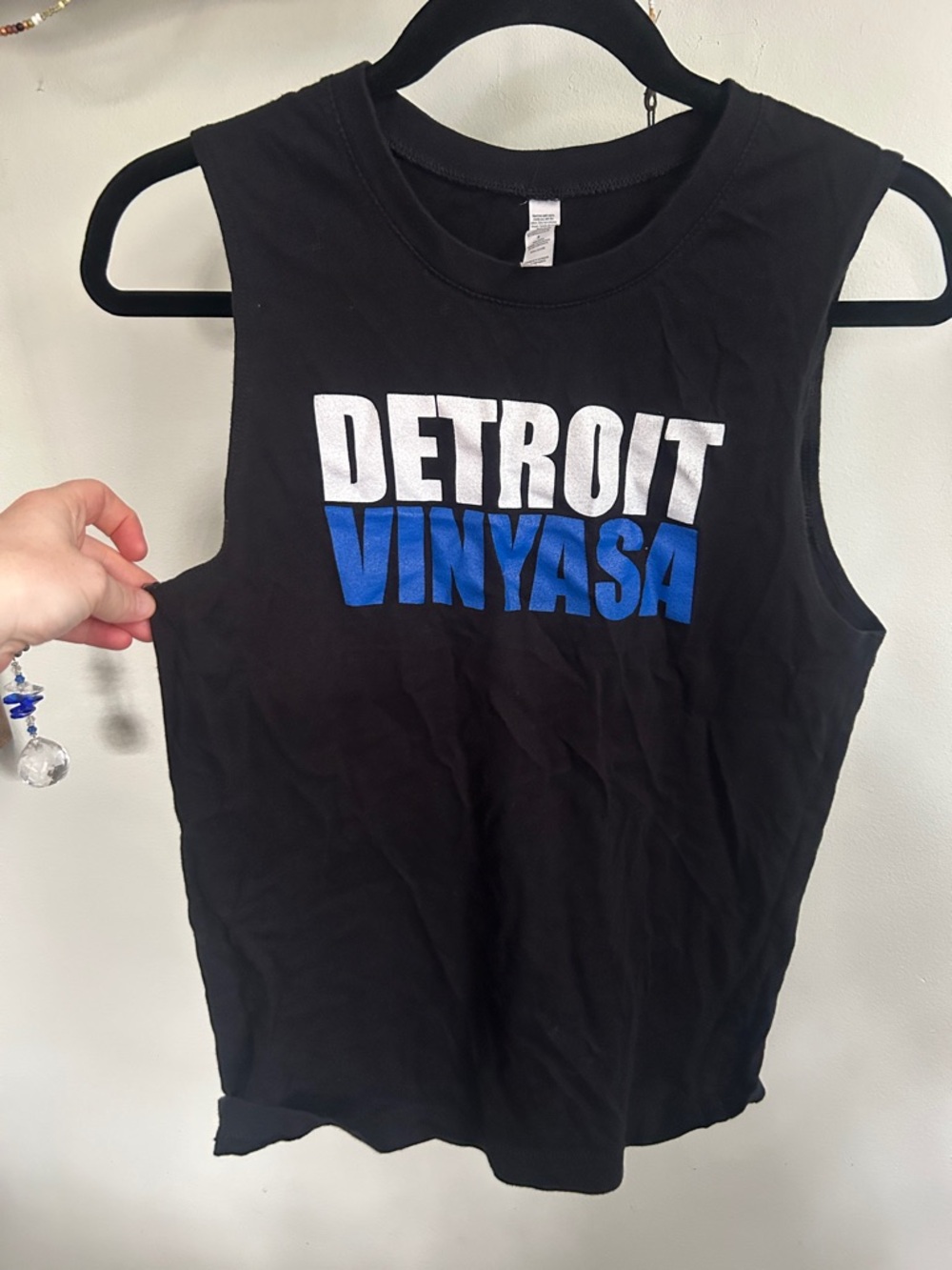 Gildan Black Tank with White and Blue Detroit Vinyasa Print
